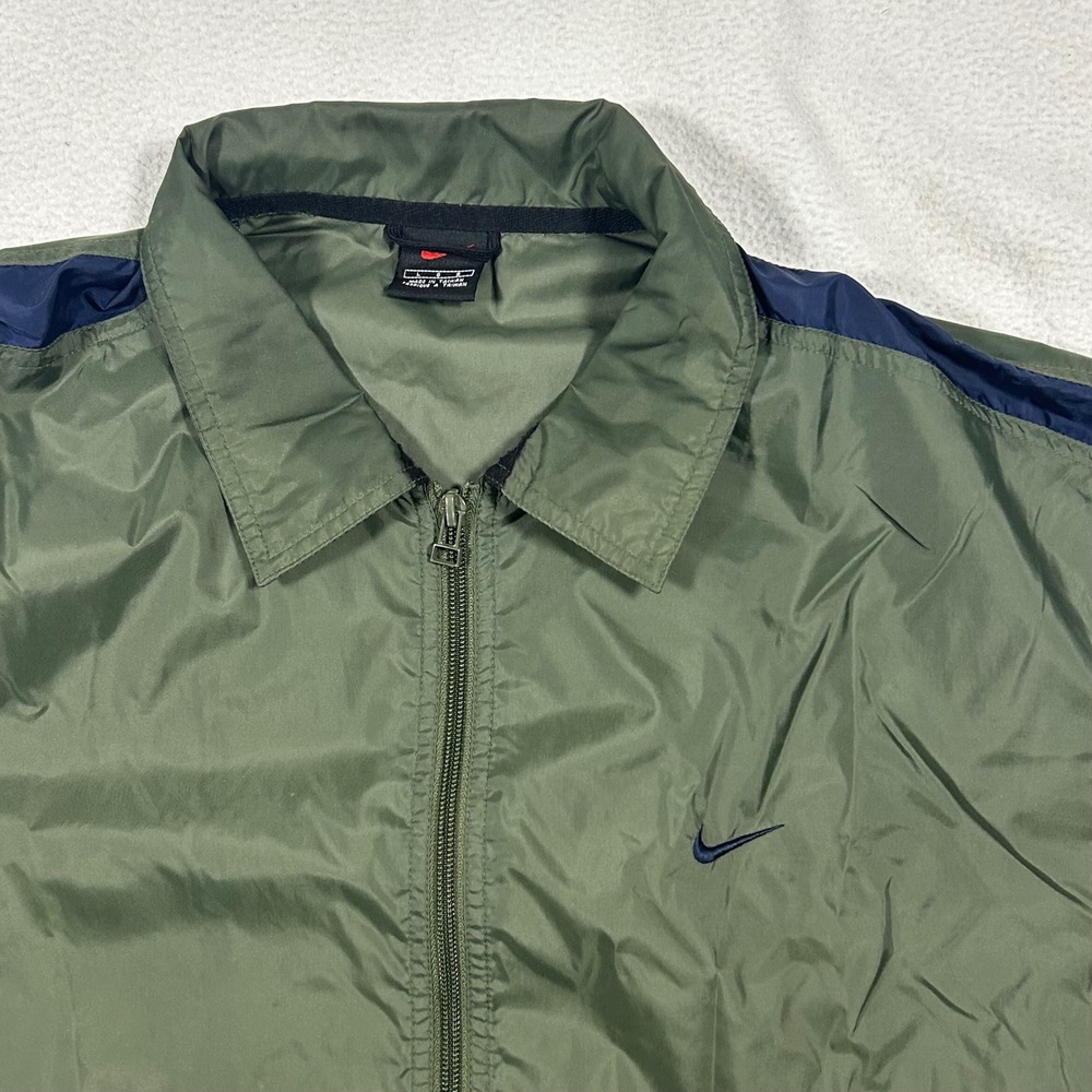 Nike Windbreaker Jacket Mens Large Olive Green Navy Blue Stripe Full Zip
